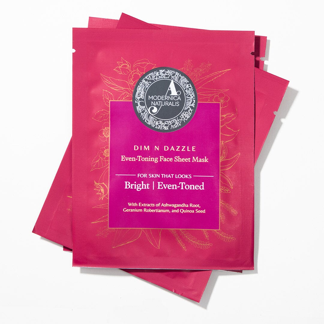 Dim N Dazzle Even-Toning Face Sheet Mask – Brightens, Hydrates Dull, Dry, Aging Textured Skin - Unique ‘Serum-Drench Method’ with Sappan Wood Bark & Manjistha – Best Banana Fiber Sheet Mask for Glowing, Glass-Like Skin Face Mask A Modernica Naturalis 