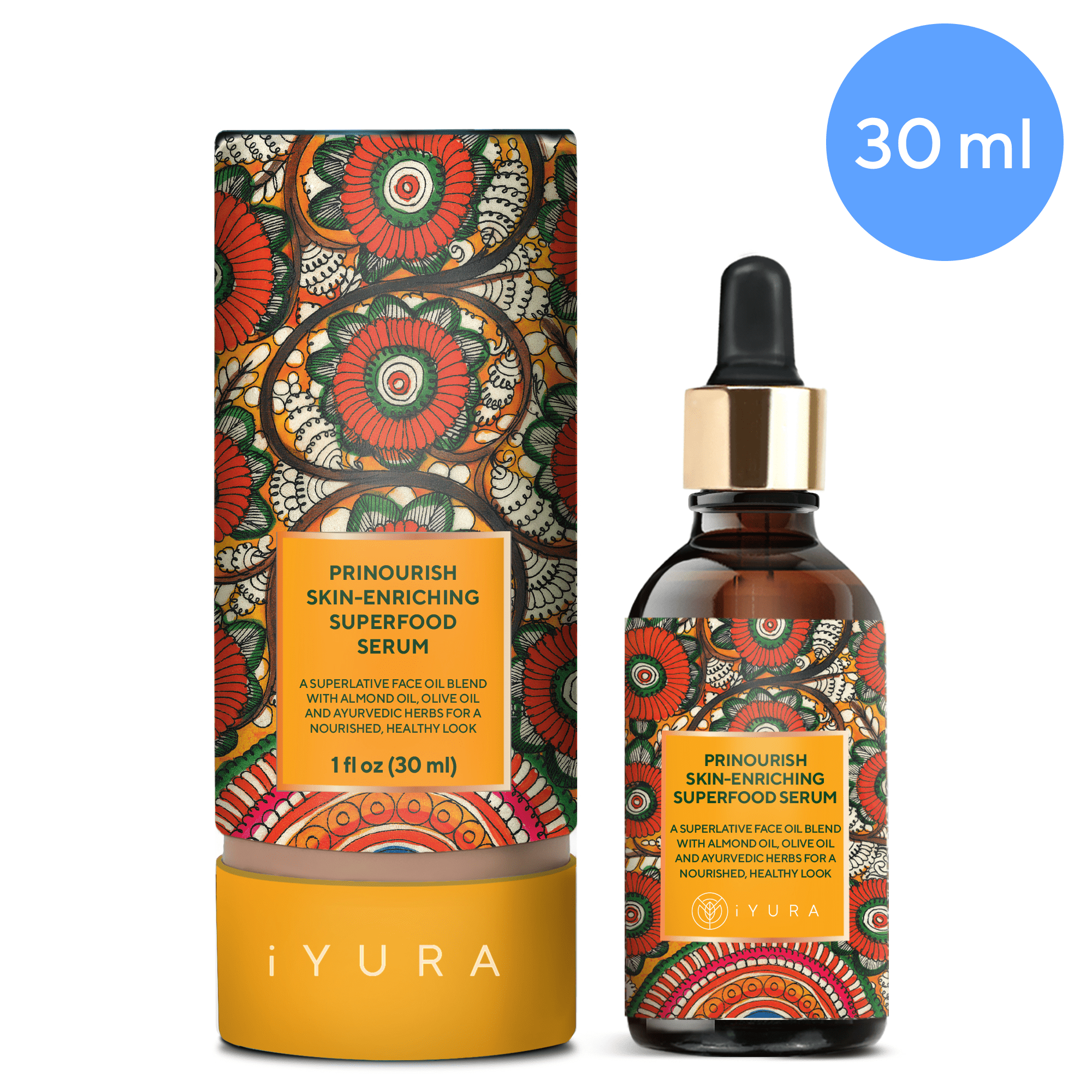 Prinourish Skin-Enriching Superfood Serum - With Almond Oil, Olive Oil, Turmeric, Mango and More Ayurvedic Herbs - Pick your size Face oil iYURA 